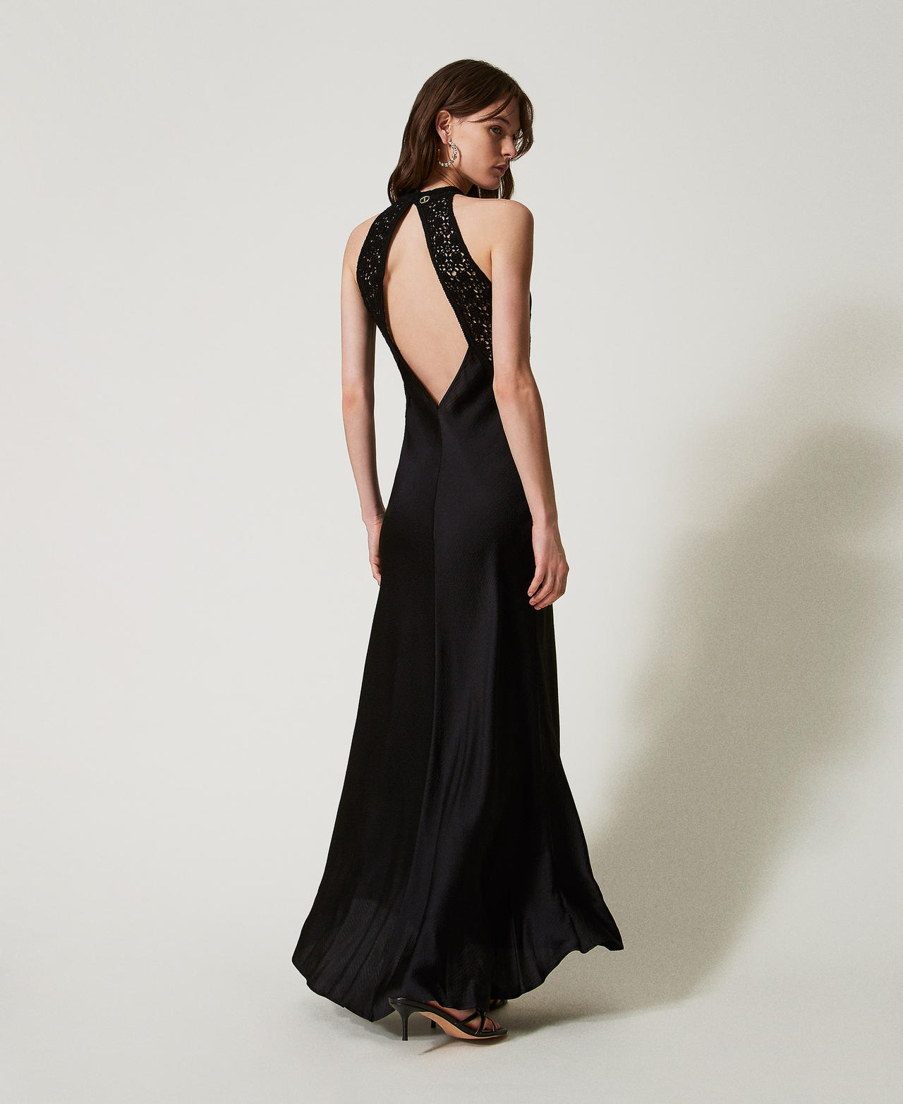Long satin dress with crochet bodice Black Woman 251TT2080_00006_03