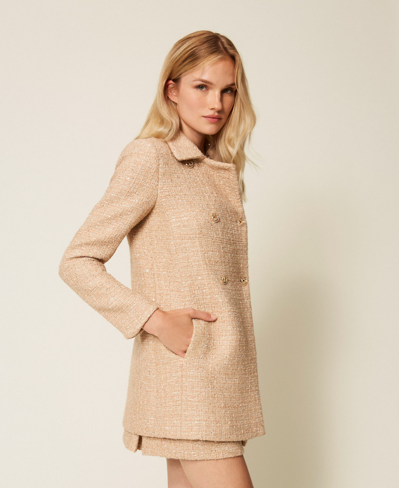 Bouclé coat with sequins Beige/Gold Bouclé Woman 252TP2141_12778_03