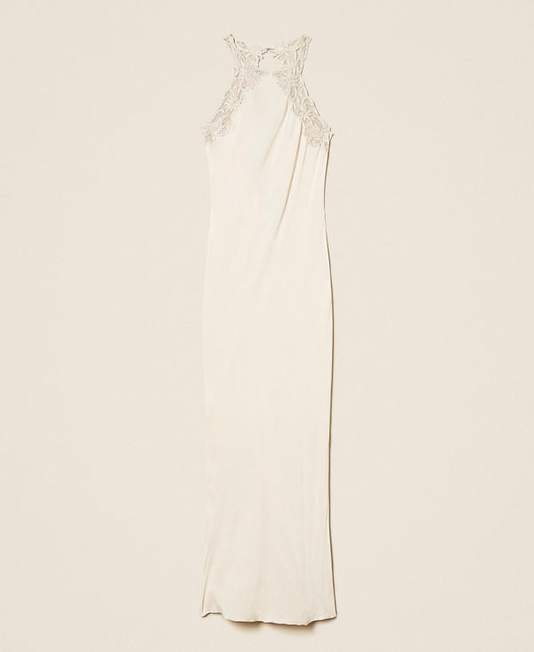 Long satin halter dress with embroidery