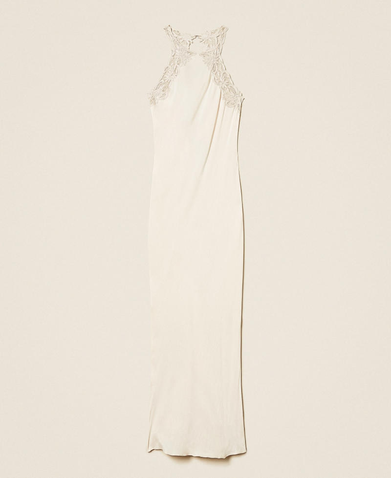 Long satin halter dress with embroidery Light Natural Woman 252TT2240_12227_S0