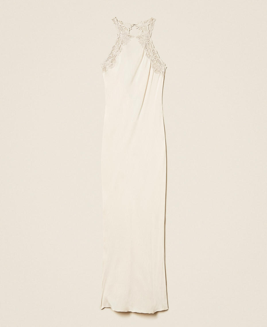 Long satin halter dress with embroidery Light Natural Woman 252TT2240_12227_S0