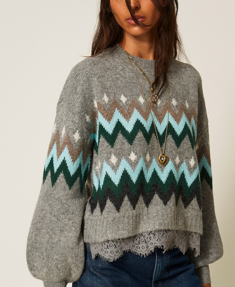 Maglia jacquard con pizzo Jacquard Grigio Medio Melange / Smeraldo Donna 262AT3034_14120_04