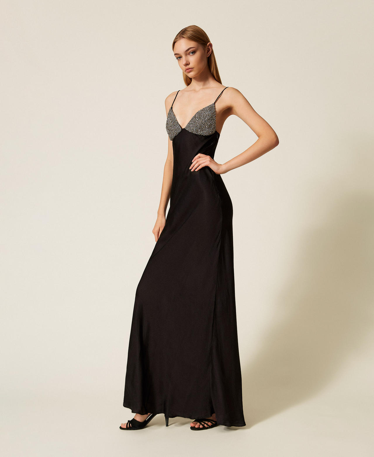 Long satin dress with embroidery Black Woman 252TT2130_00006_02
