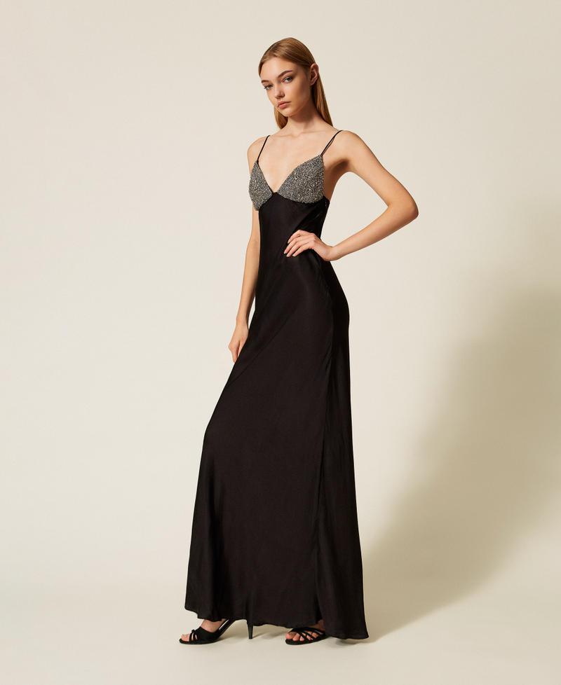 Long satin dress with embroidery Black Woman 252TT2130_00006_02