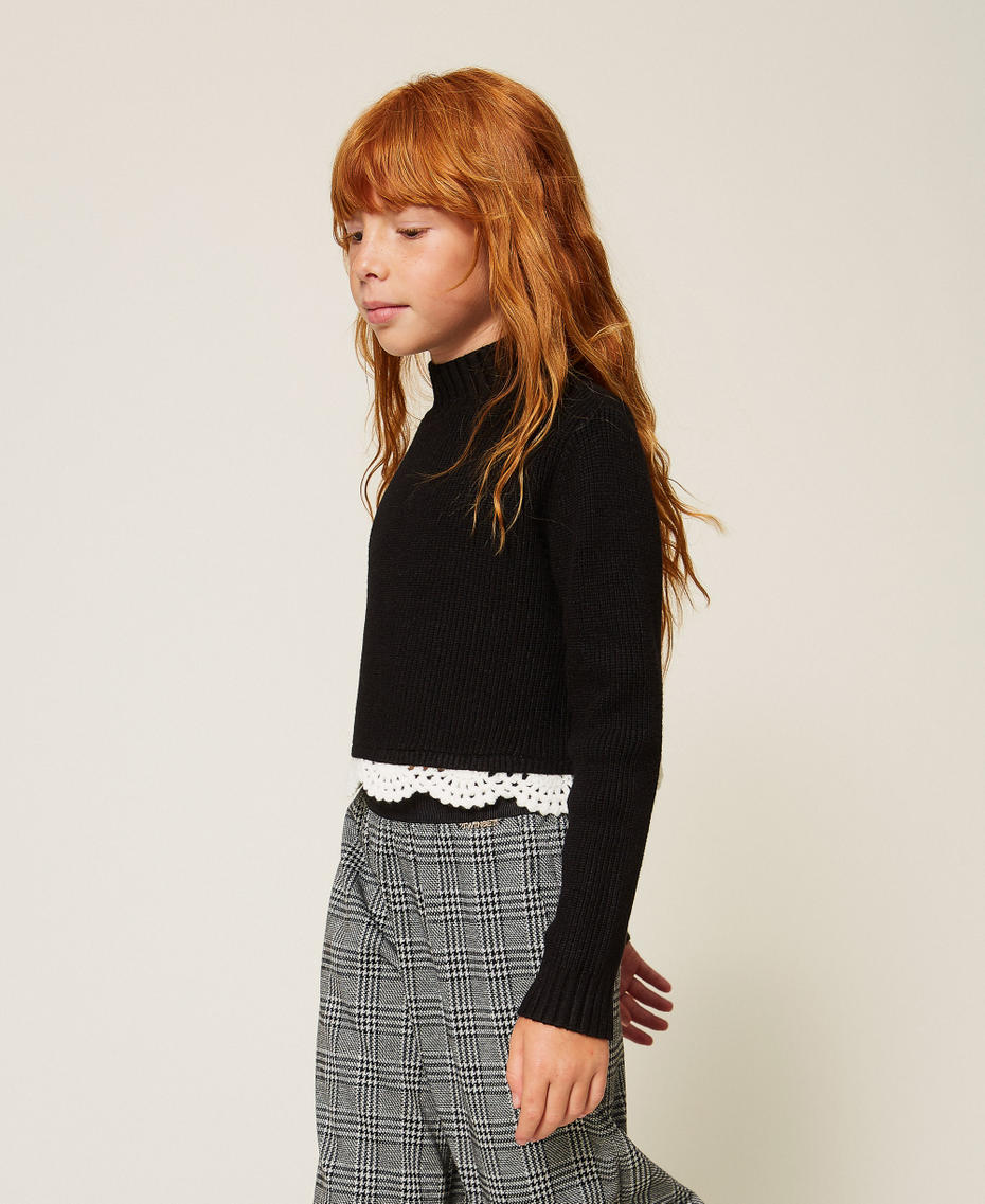 Pull col montant avec crochet Noir/Trimming Blanc "Neige" Fille 262GJ3080_14009_01