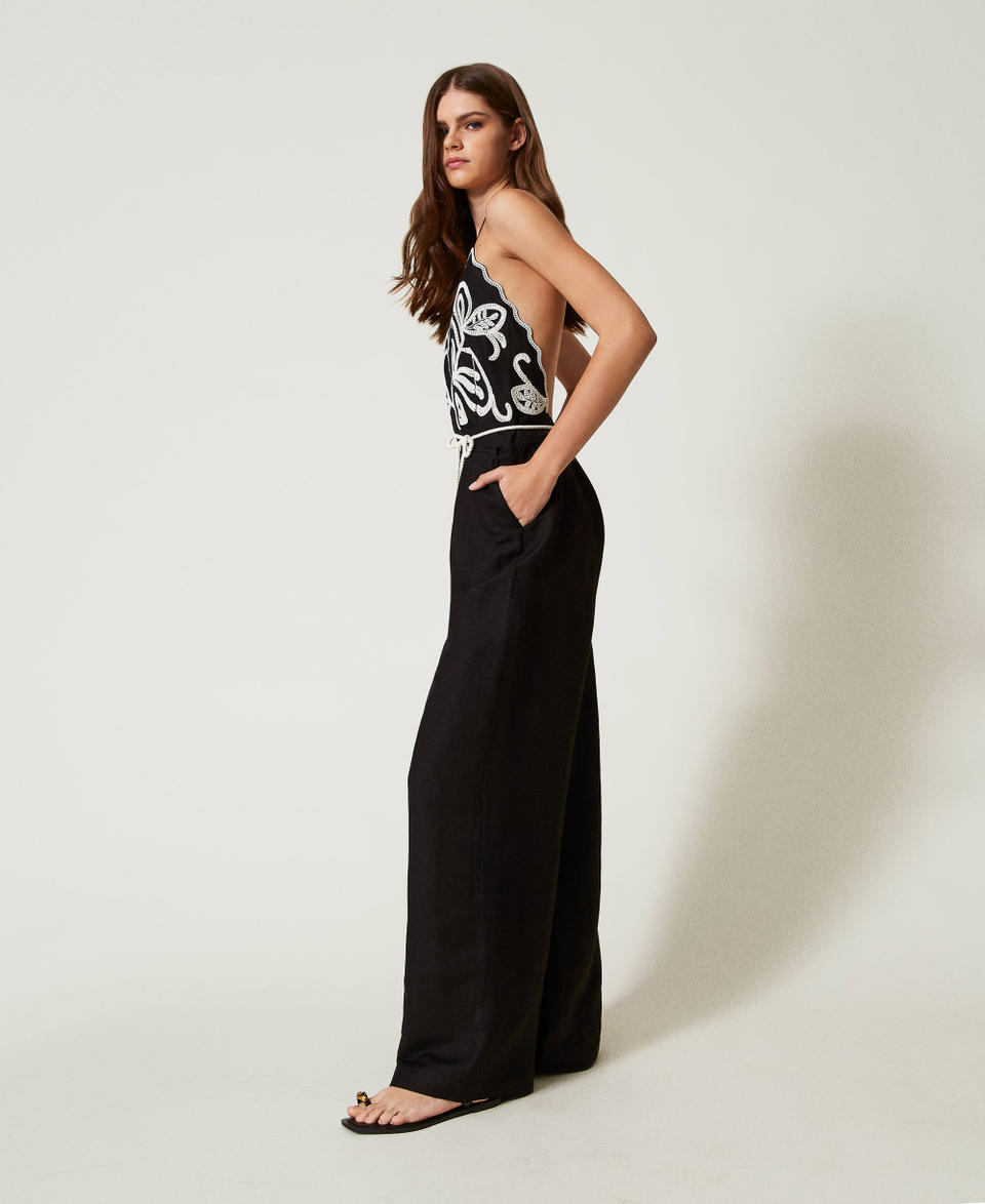 Linen blend jumpsuit with embroidery Bicolour Black / Mother-of-pearl White Woman 251LB2FAA_02710_02