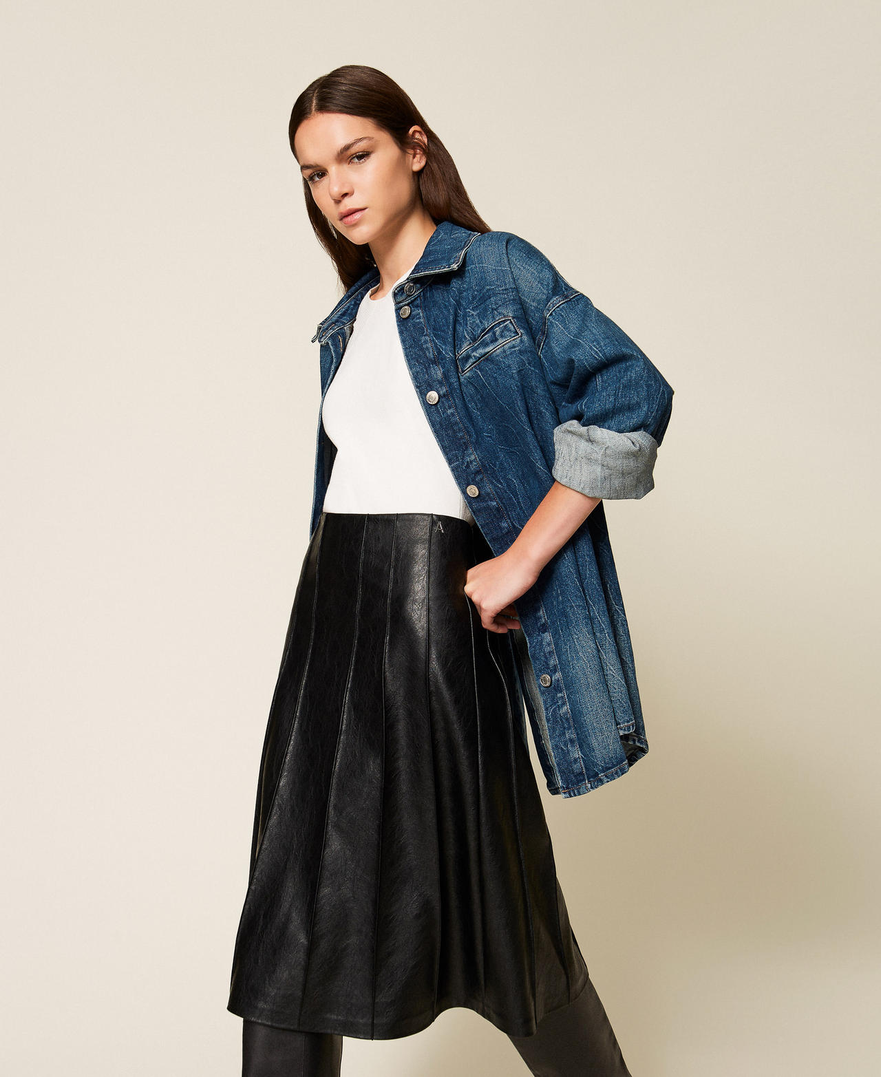 Faux leather midi skirt Black Woman 252AP2066_00006_01