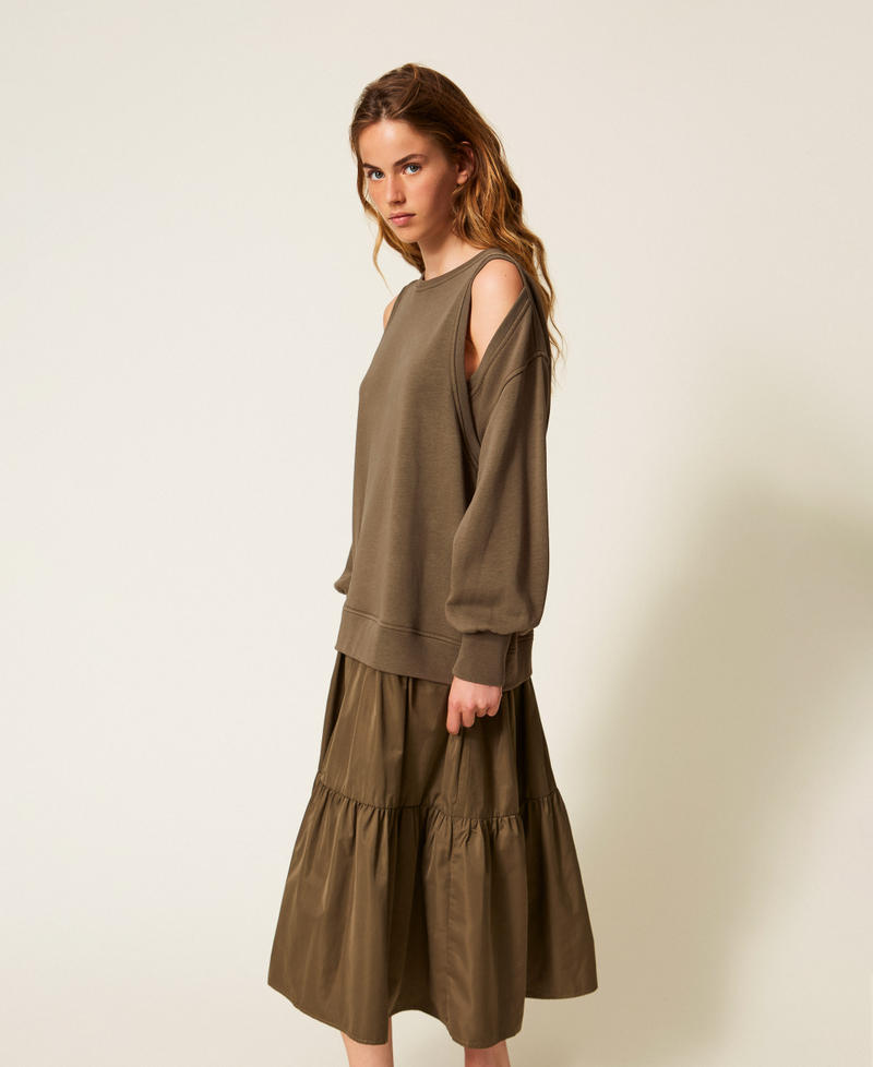 Plush fabric and taffeta long dress Green Olive Woman 252LI2GEE_12655_02