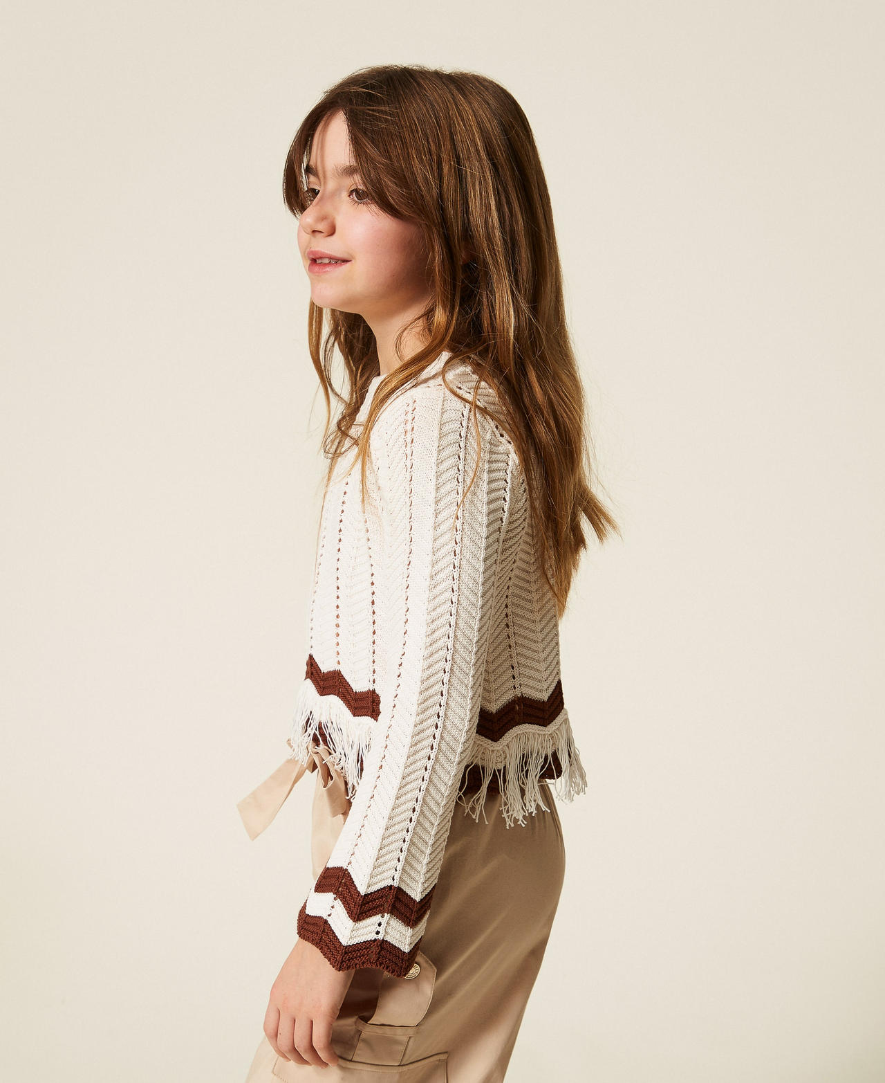 Maglia girocollo con zig-zag e frange Bicolor Milk / Marrone "Dark Root" Bambina 261GJ3024_13198_02