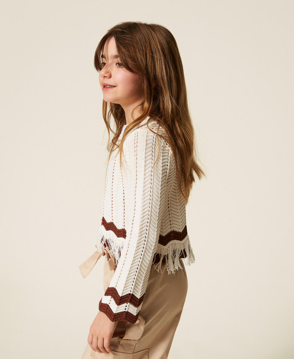 Rundhalspullover mit Zackenmuster und Fransen Zweifarbig Milk/&bdquo;Dark Root&ldquo;-Braun M&auml;dchen 261GJ3024_13198_02