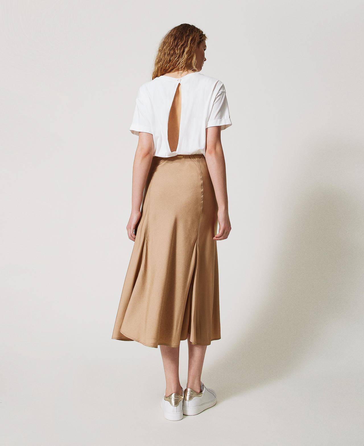 Long dress with satin skirt Two-tone Brown Box/White Cloud Woman 251LL2YCC_12274_03