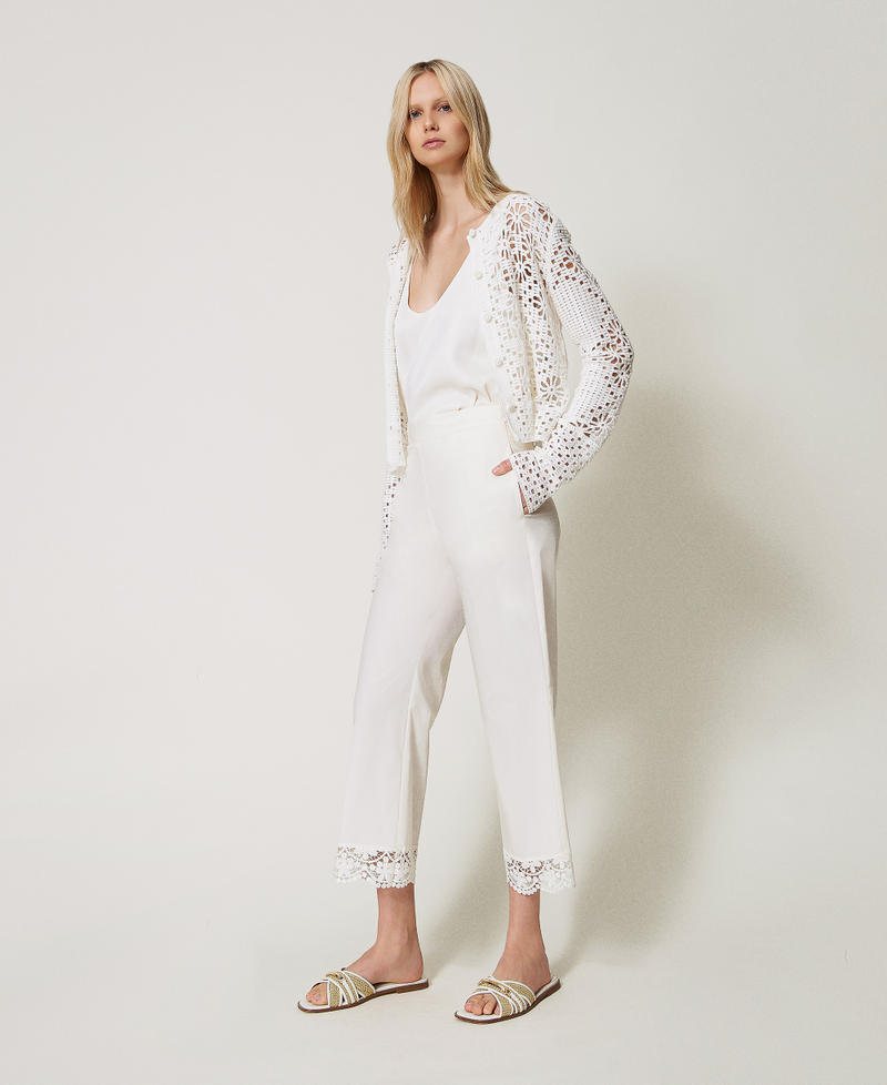 Pantalon cropped en popeline avec dentelle Blanc Neige Femme 251TT2094_00282_02