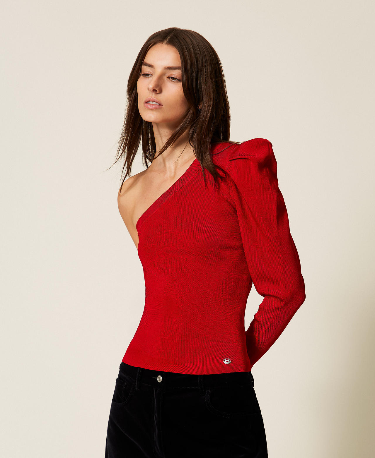 One-shoulder jumper with draping Cherry Red Woman 252AT3011_00034_01