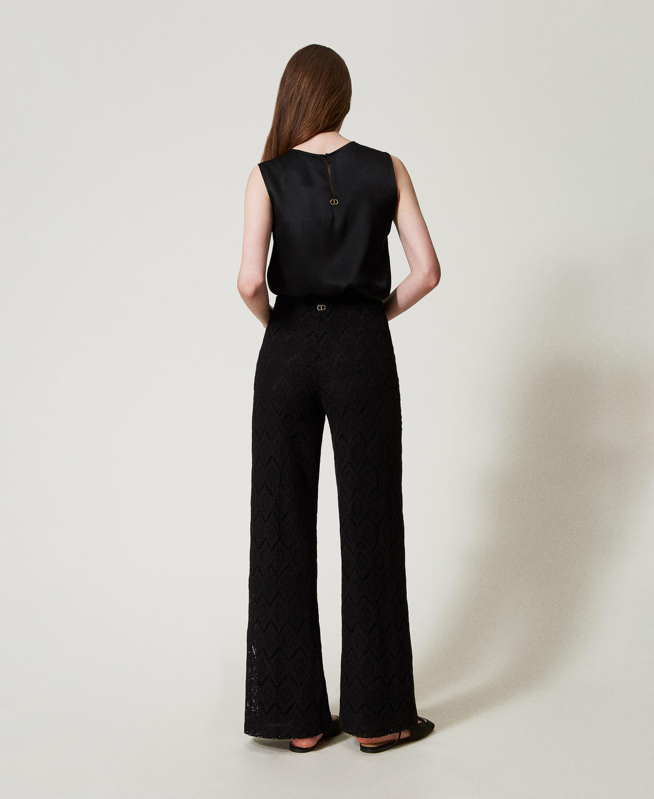 Macram&eacute; lace wide leg trousers Black Woman 251TP2409_00006_03