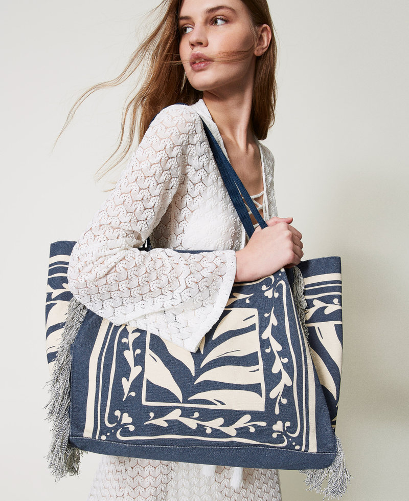 Printed canvas shopper bag Classic Blue/Sugar Foulard Print Woman 251LM8ALL_12380_T0