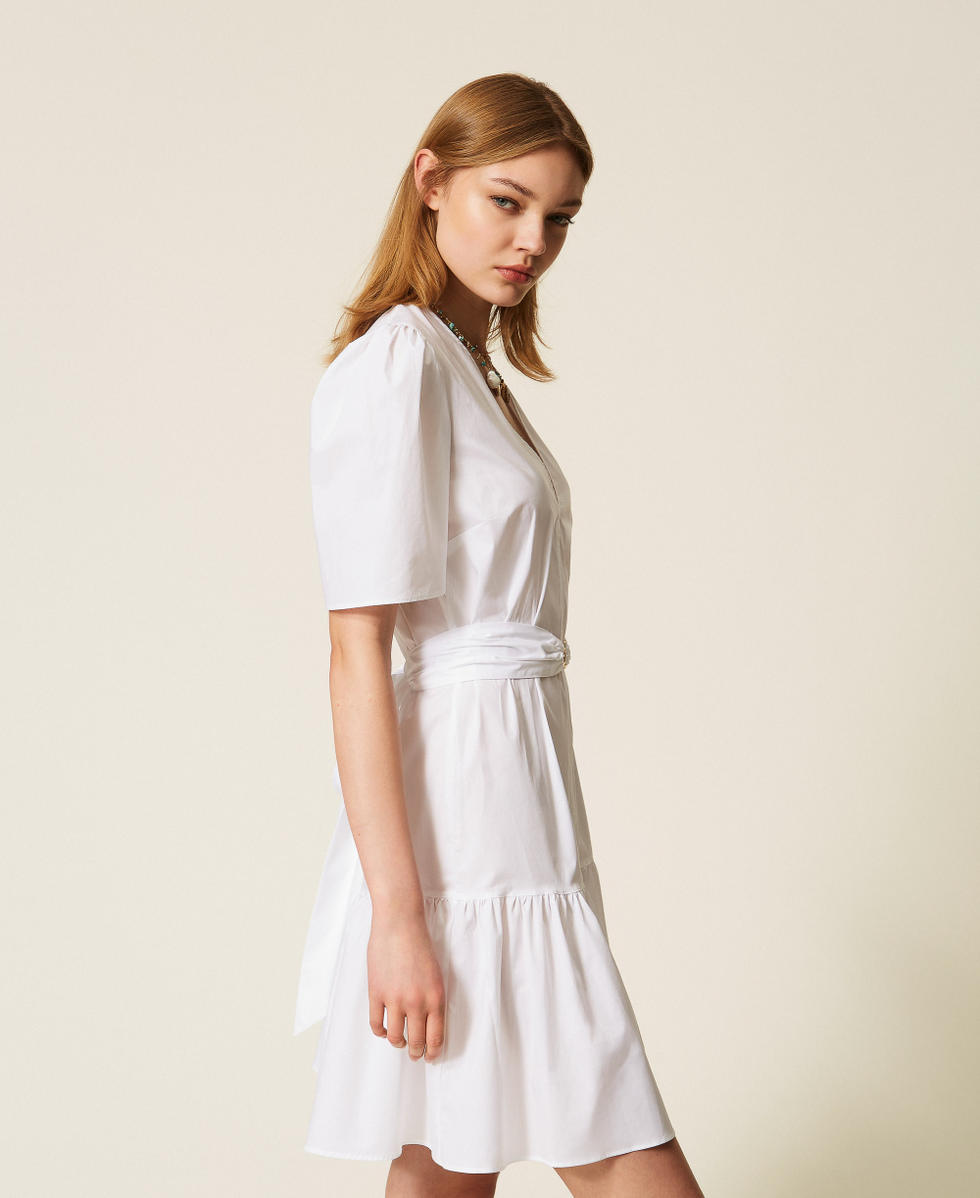 Robe courte en popeline avec ceinture sigl&eacute;e Blanc Femme 261TT2160_00001_03