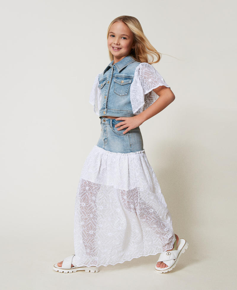 Long denim and embroidered tulle skirt Two-tone Light Denim/Ice Girl 251GJ2523_12279_02
