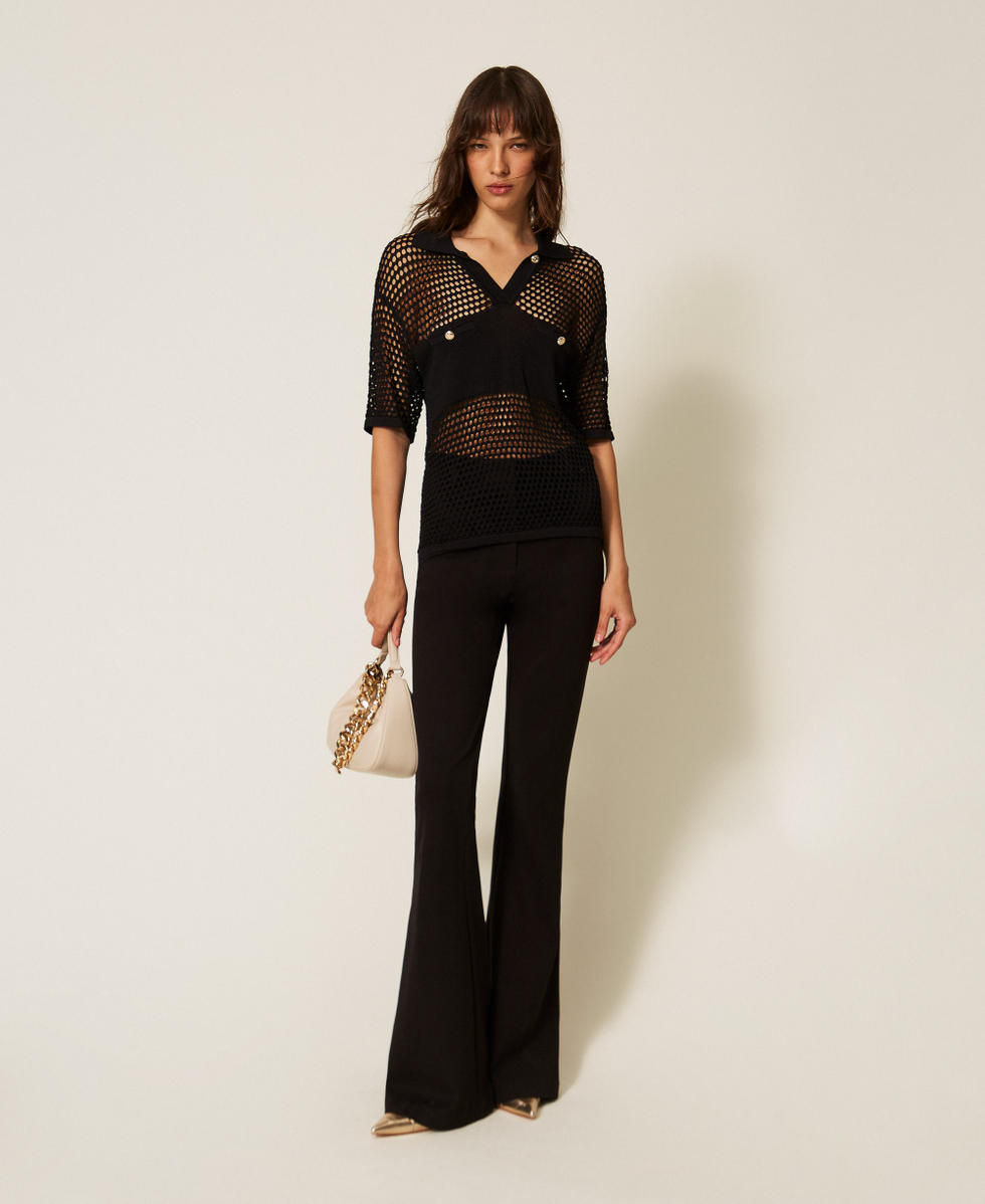 Pull polo avec maille point filet Noir Femme 261AP3033_00006_T0