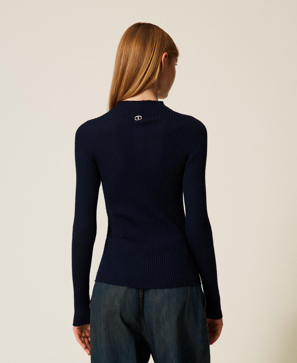 Pull col montant c&ocirc;tel&eacute; en laine Bleu Classique Femme 252TT3111_11956_03