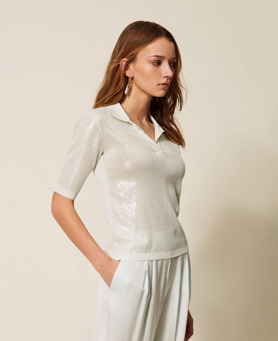 Polo shirt top with sequins Aqua Blue Woman 261TP3300_13162_02