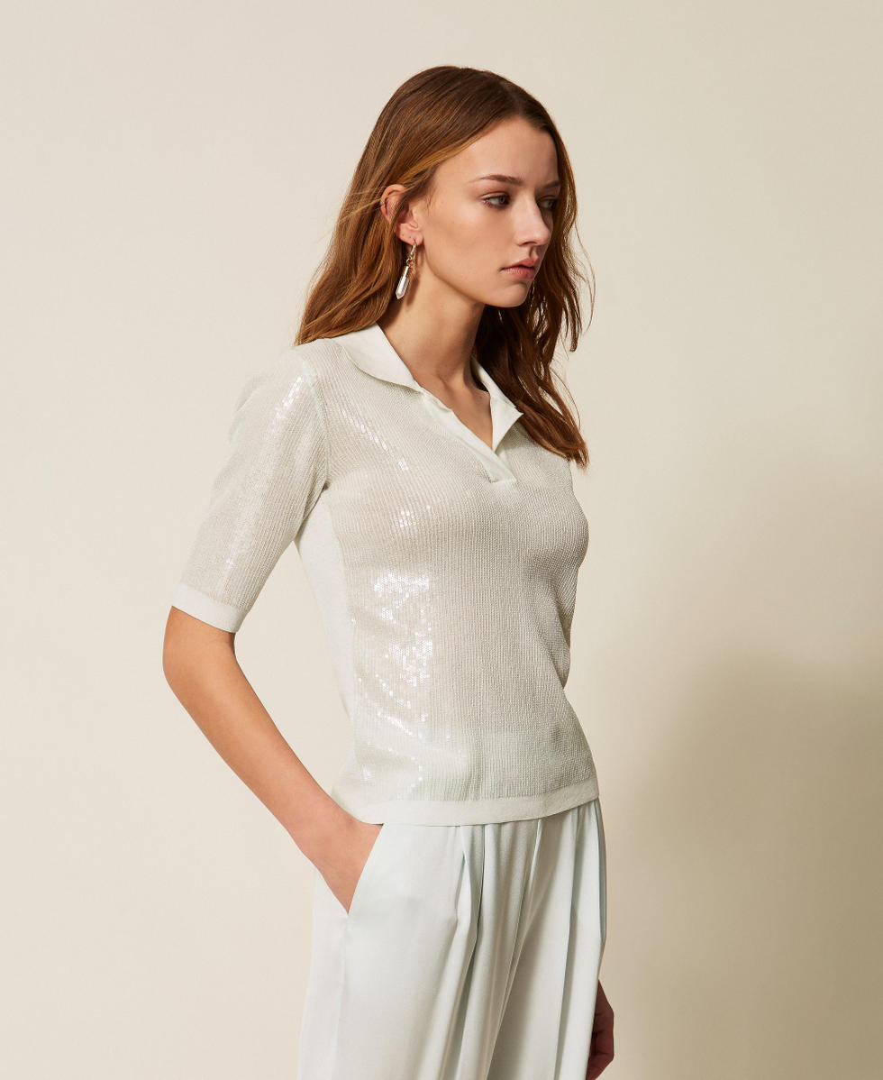 Polo shirt top with sequins Aqua Blue Woman 261TP3300_13162_02
