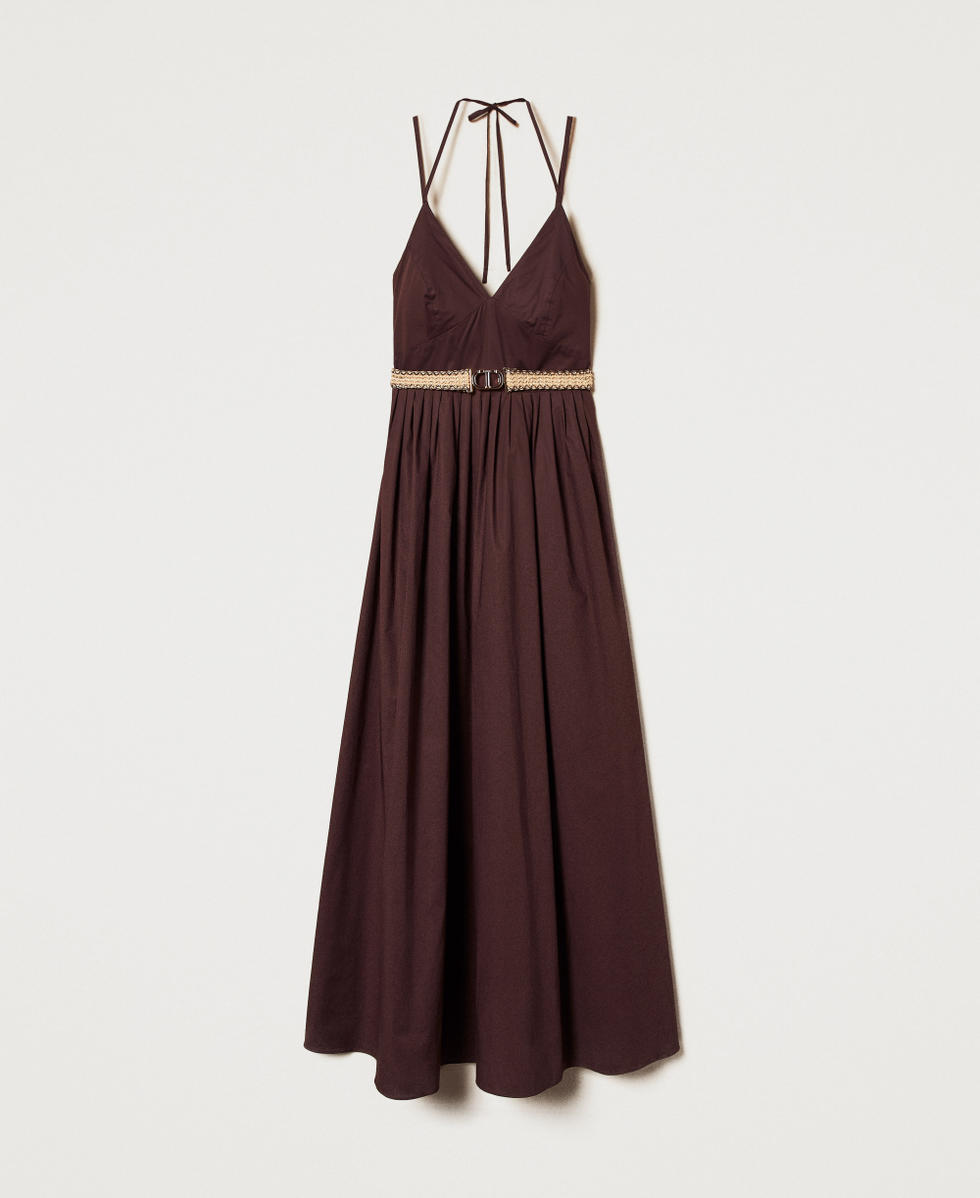 Long poplin dress with belt Woman, Brown | TWINSET Milano
