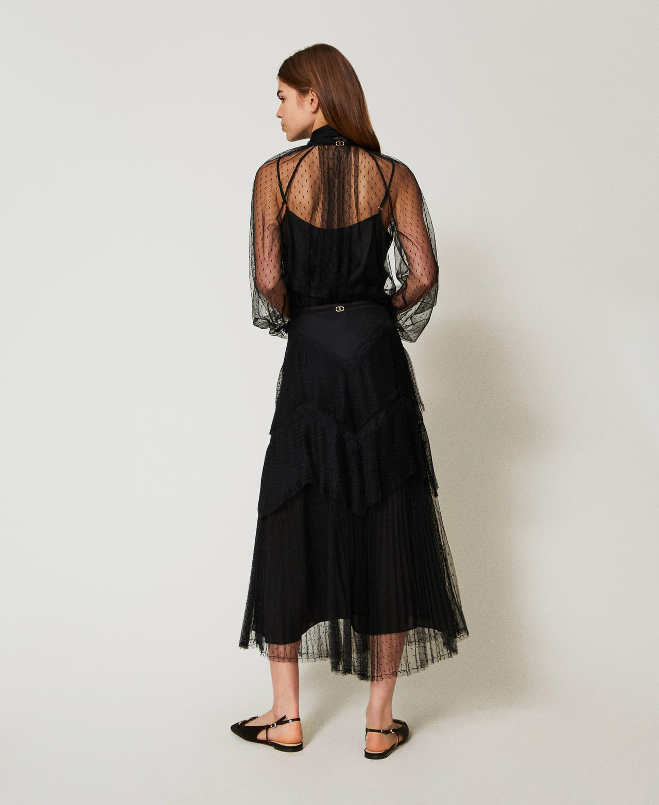 Long tulle skirt with pleated flounces Black Woman 251TP2512_00006_03