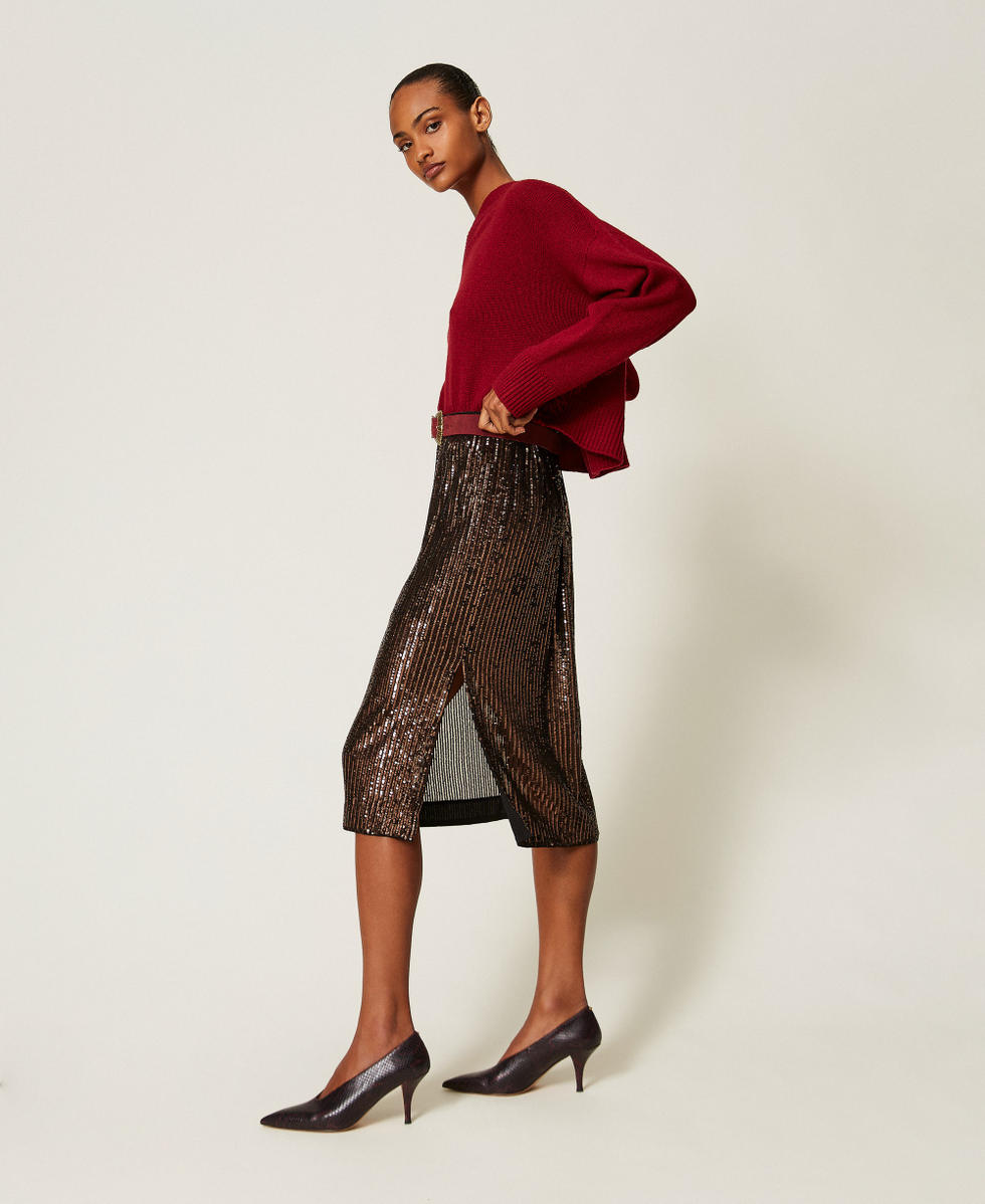 Sequin midi skirt Brown Sequin Stripes Woman 262TT2142_14171_02