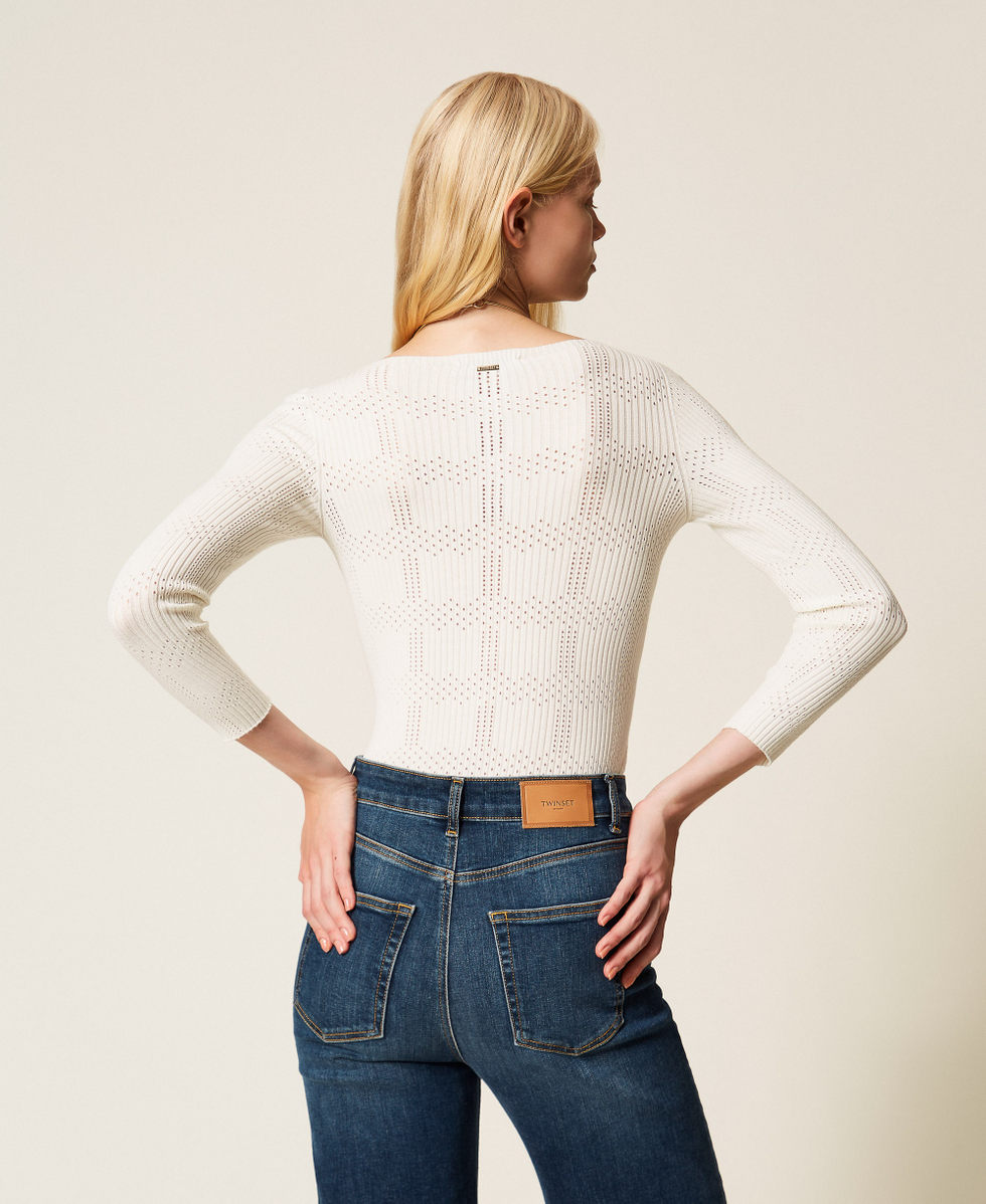 Maglia a coste con disegno check Bianco Neve Donna 261TP3401_00282_03