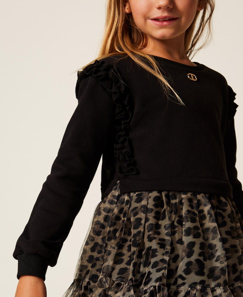 Girls' short plush fabric dress with animal print tulle Two tone Black/Leopard Print Girl 252GB2130_12723_04
