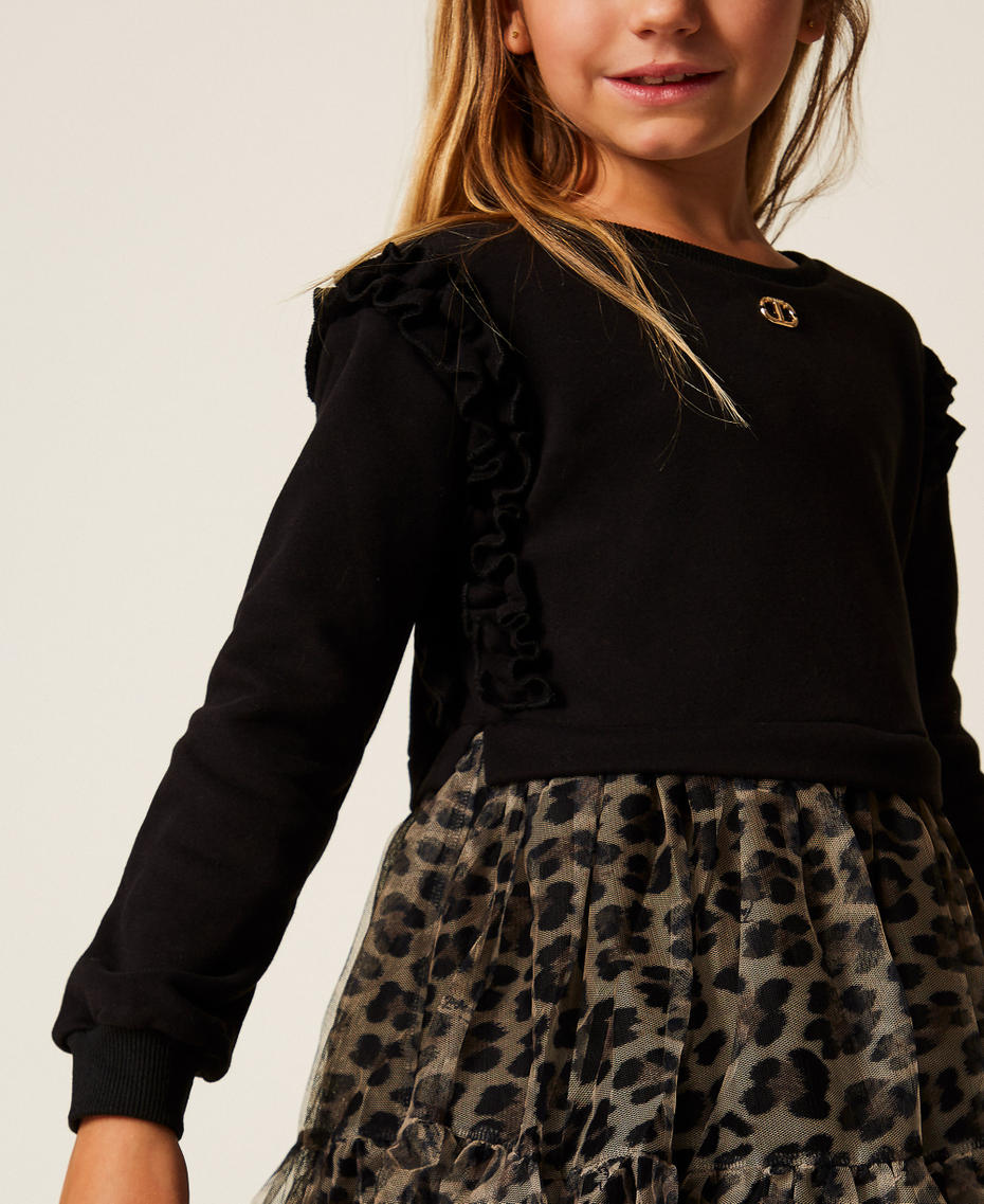 Girls' short plush fabric dress with animal print tulle Two tone Black/Leopard Print Girl 252GB2130_12723_04