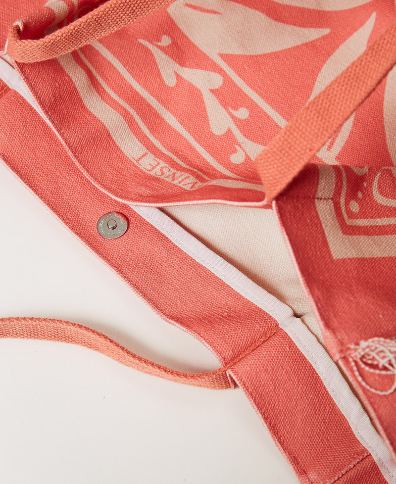 Printed canvas shopper bag Coral Sun/Almond Beige Foulard Print Woman 251LM8ALL_12381_04