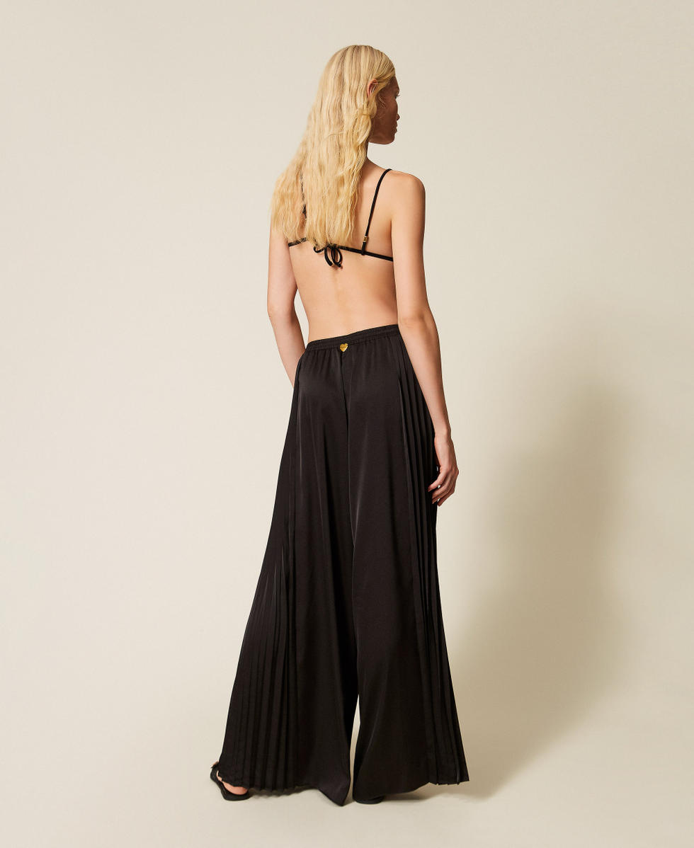 Pantalon ample avec empi&egrave;cements pliss&eacute;s Noir Femme 261LB2HDD_00006_03