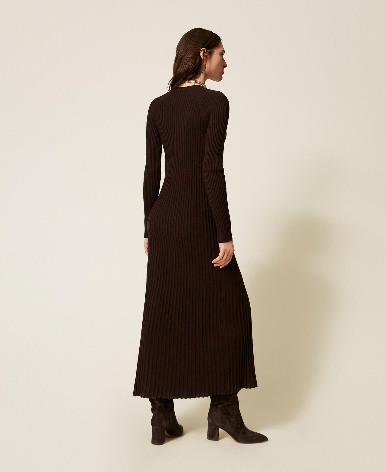 Long wool blend rib knit cardigan dress Black Chocolate Woman 252TT3400_11054_03