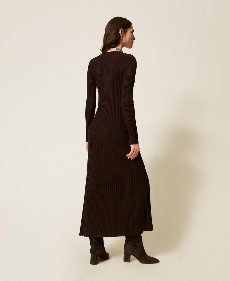 Long wool blend rib knit cardigan dress Black Chocolate Woman 252TT3400_11054_03