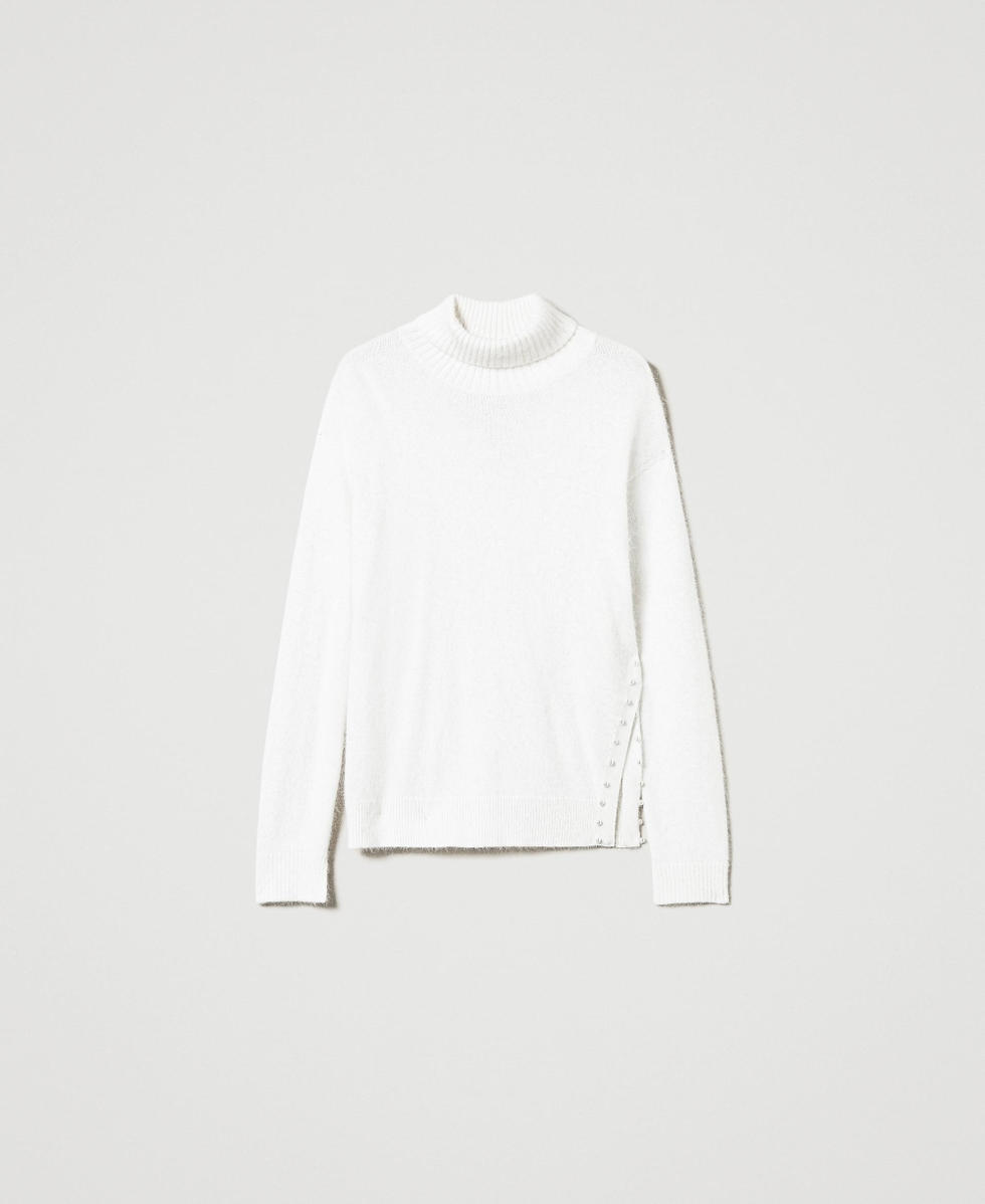 Pull col roul&eacute; en angora m&eacute;lang&eacute; avec perles Blanc Neige Femme 242TT3291_00282_S0