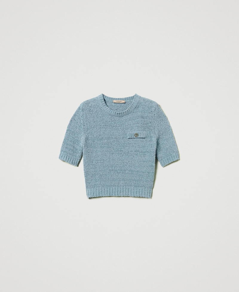 Cropped jumper with Oval T button Dusty Blue Woman 251TP3440_00485_0S