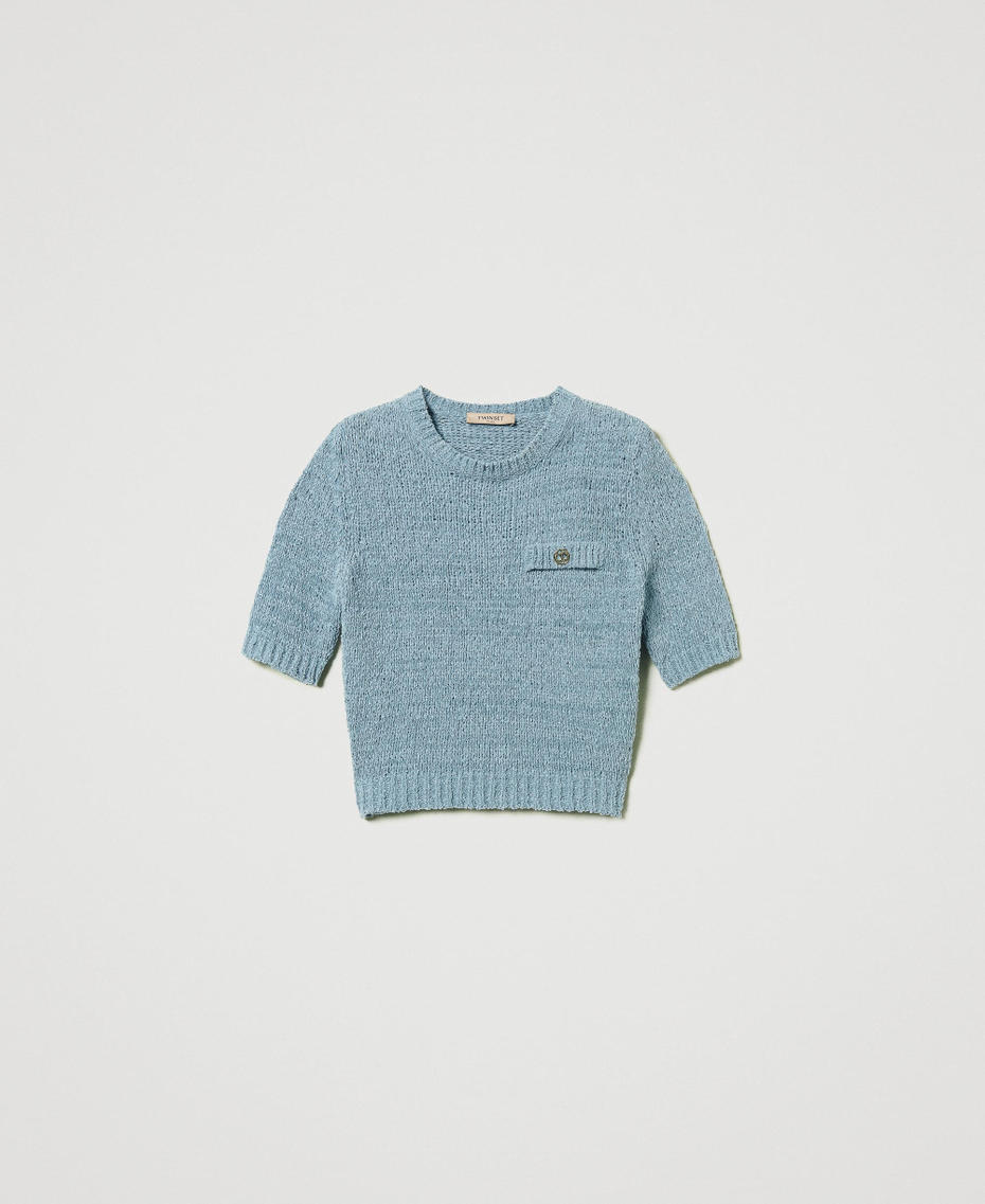 Cropped jumper with Oval T button Dusty Blue Woman 251TP3440_00485_S0