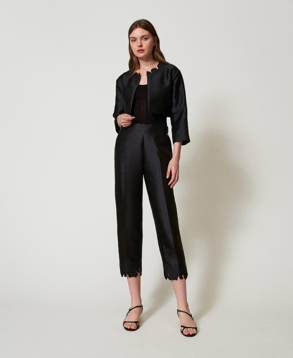 Twill trousers with broderie anglaise Black Woman 251AP2263_00006_01