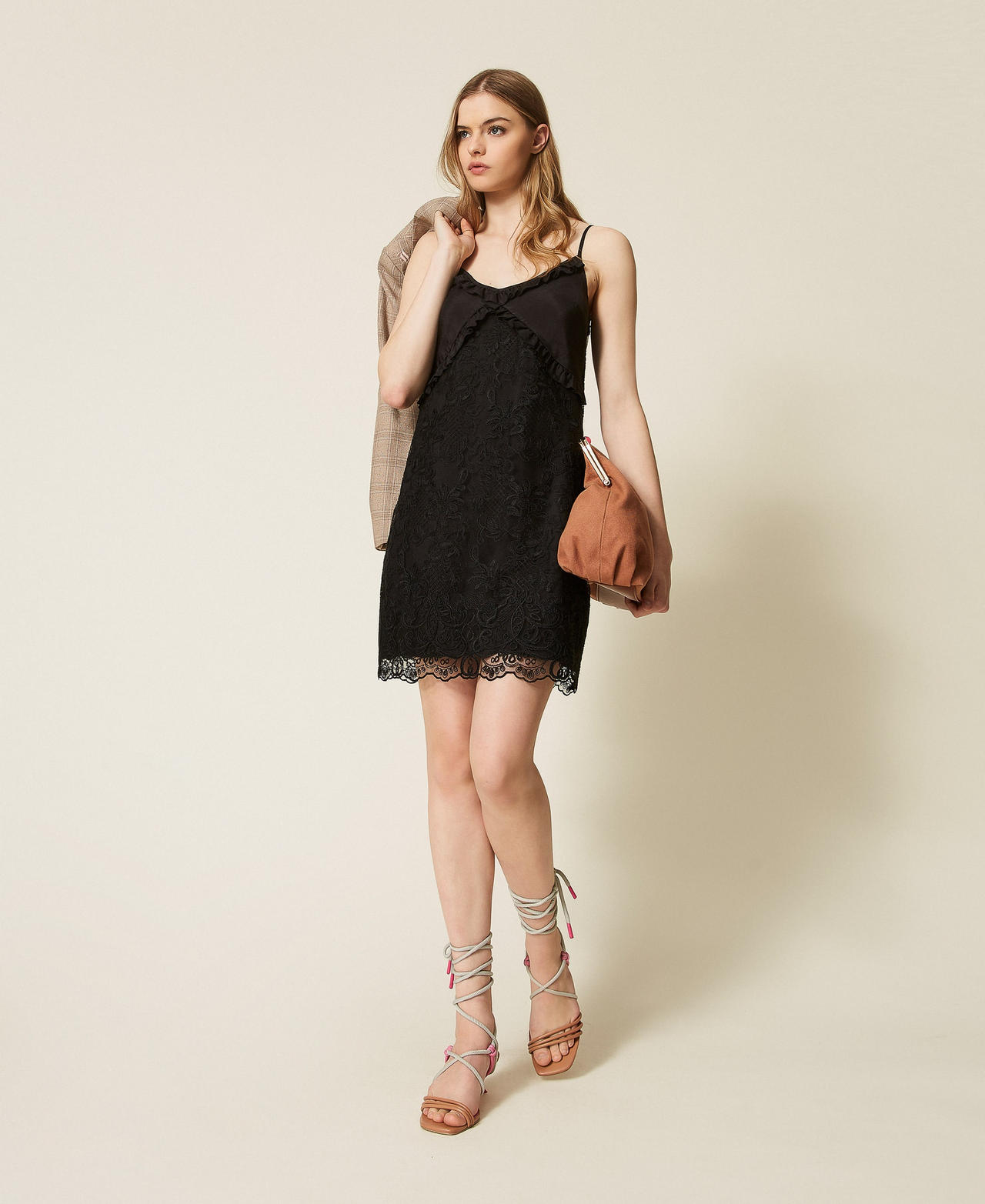 MYFO jacquard short dress with lace and embroidery Black Woman 261AQ2043_00006_01