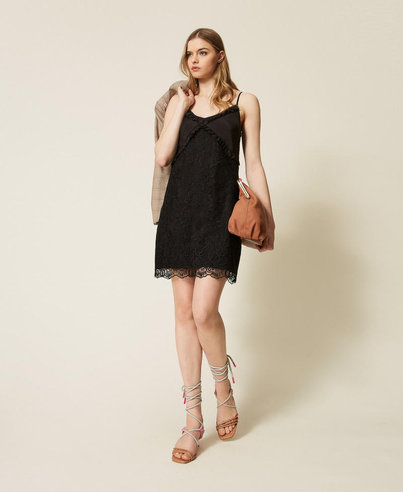 MYFO jacquard short dress with lace and embroidery Black Woman 261AQ2043_00006_01