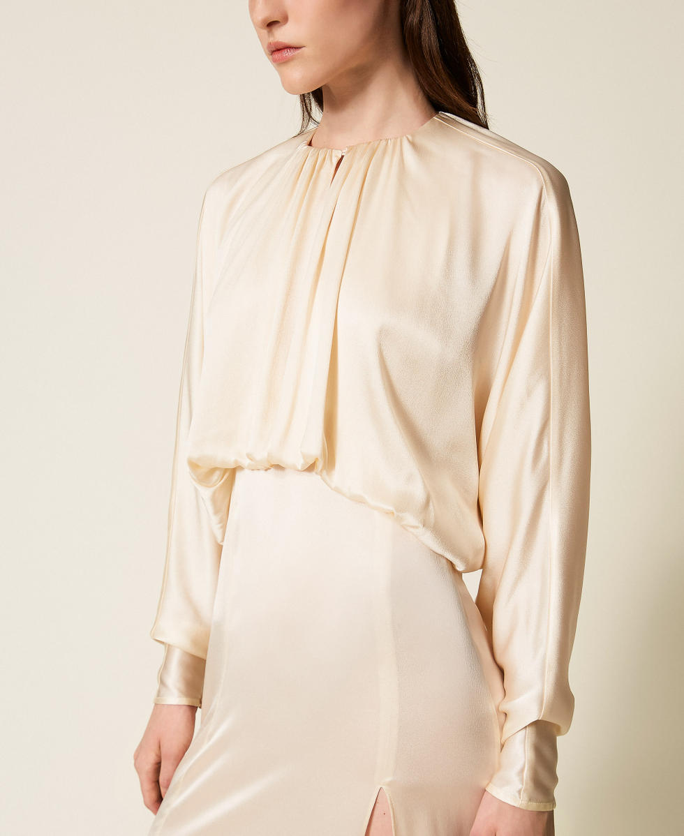 Langes Kleid aus Seidenmischsatin „Butter Cookie“-Weiß Frau 252TS2200_12078_04