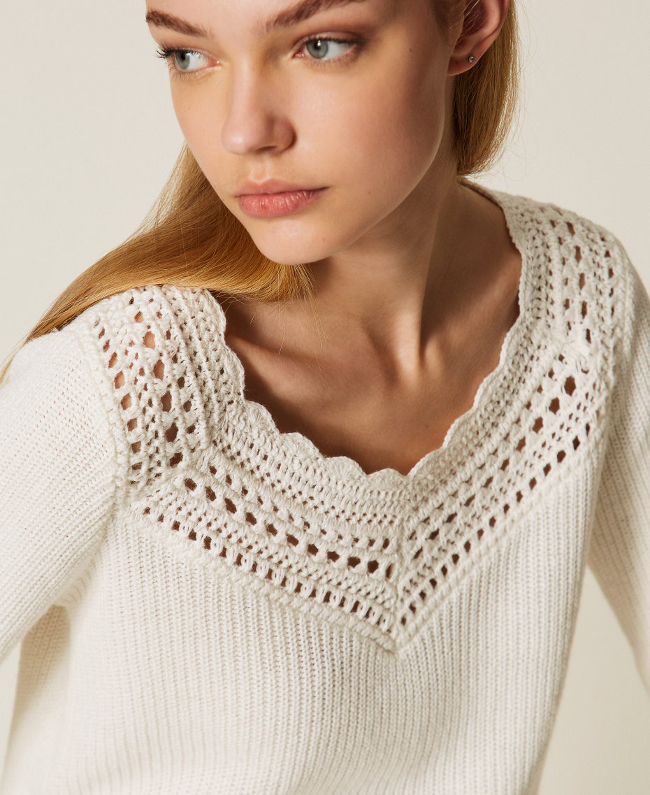 Wool blend jumper with crochet details "Parchment" Beige Woman 252TP3102_07222_PD