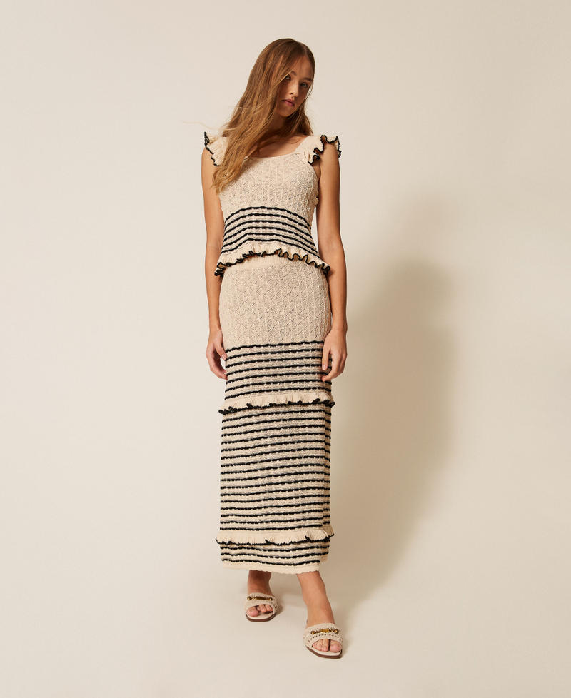 Gonna lunga con righe e volant Bicolor Jacquard Bianco "Pergamena" / Nero Donna 261LB3HDD_13338_01