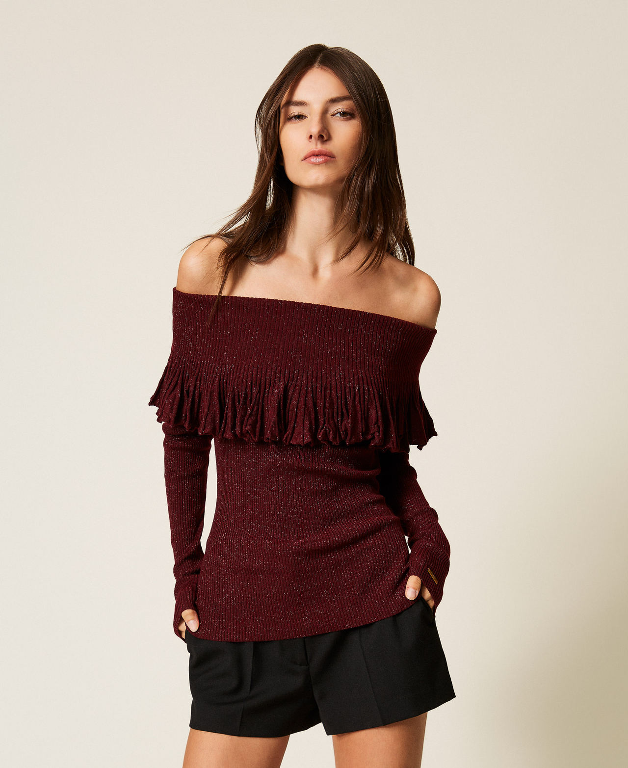Off-shoulder jumper with ruffles Woman, Red | TWINSET Milano