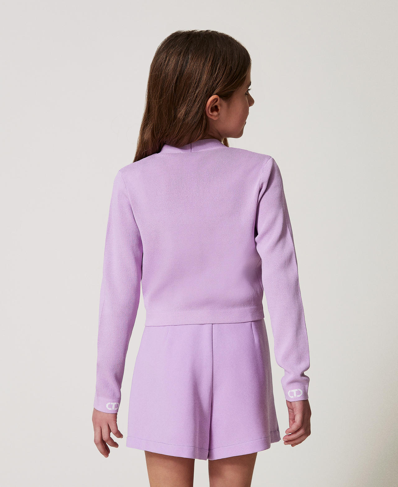 Gerippter Cardigan mit „Oval T“-Jacquard Zweifarbig Pastel Violet / Ice Mädchen 251GJ3QW4_12296_03