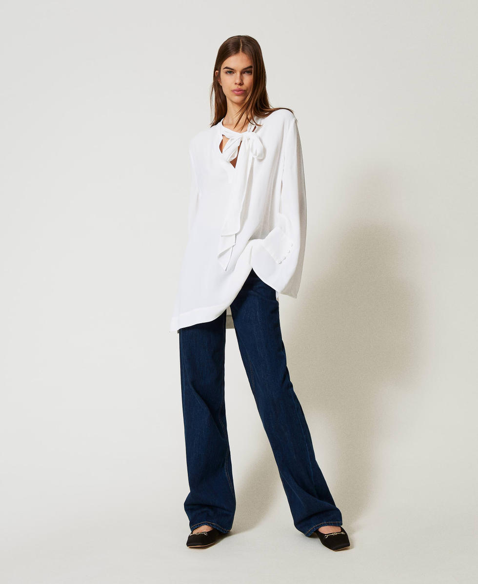 Blusa in cr&ecirc;pe de Chine con fiocco Bianco Neve Donna 251TP2140_00282_01