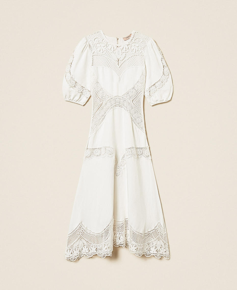 Long linen blend dress with embroidery White Woman 261TT2240_00001_S0