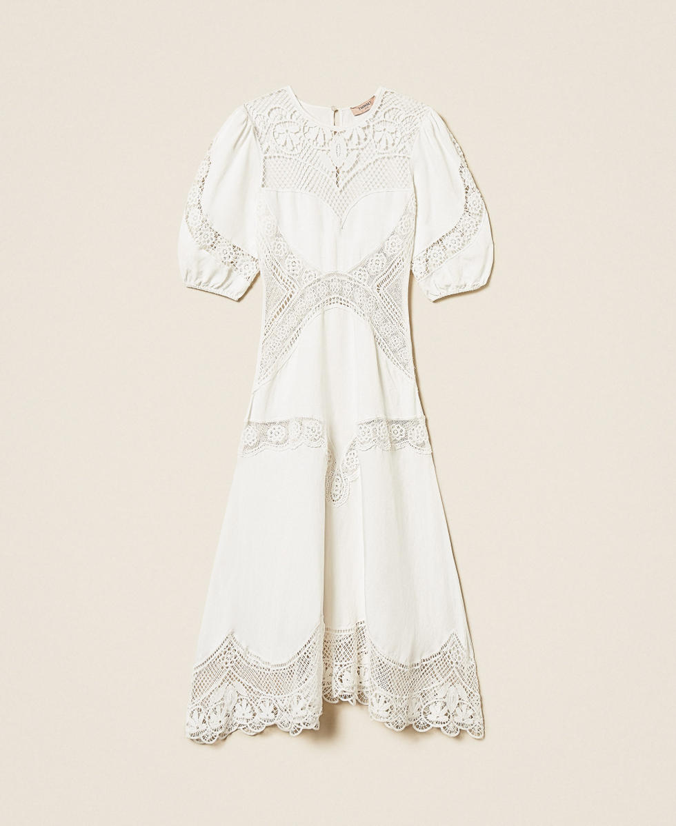 Long linen blend dress with embroidery