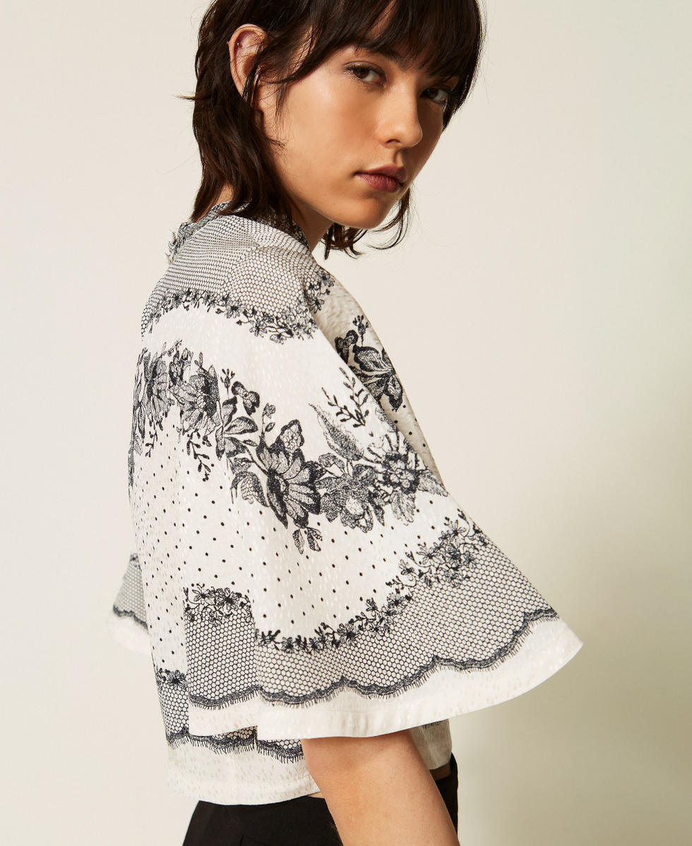 Blouse en satin jacquard floral avec pois Imprim&eacute; Dentelle et Fleurs Noir/Nacre Femme 262TP267A_13947_PD